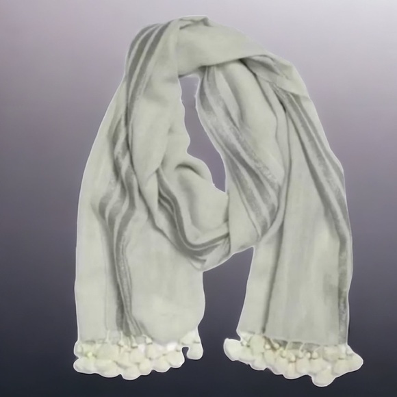 $118 Eileen Fisher VINTAGE Scarf Shimmer SOFT Wool Bl Gray White Stripes PomPom - Picture 3 of 11